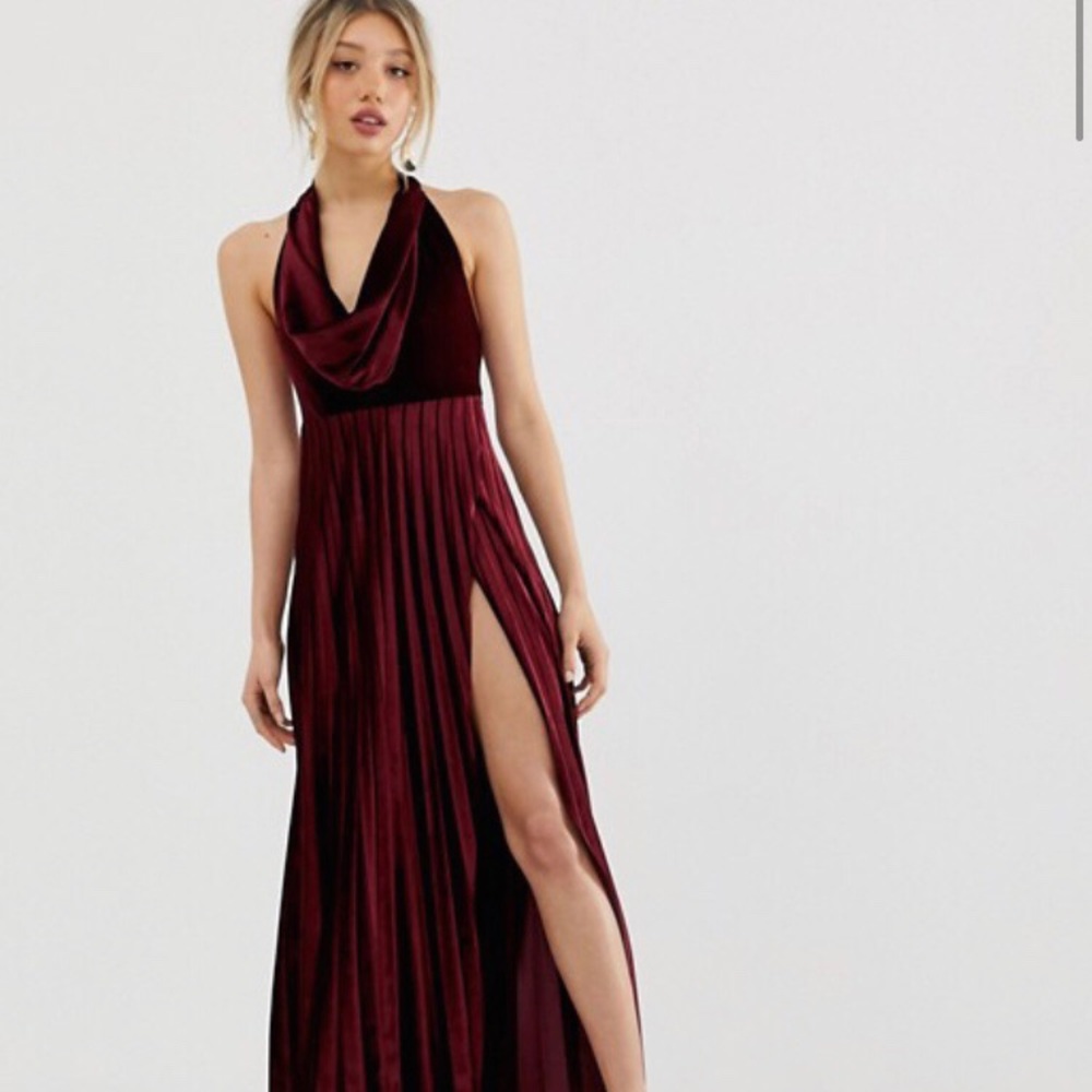 Sexy leg slit burgundy dress